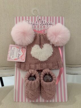 🦢 0~3 Mth Dusty Rose & Pink Heart Knit Baby Hat & Cable Knit Booties Set NWT